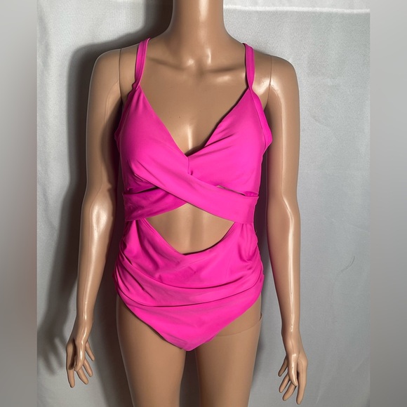 Eomenie Women’s Hot Pink Cut-Out One Piece Swimsuit Size L Crisscross Monokini - Picture 1 of 4